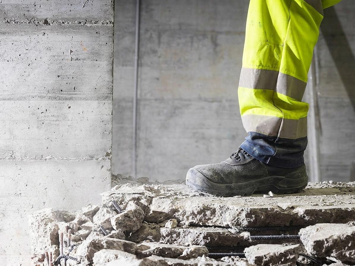 Bauarbeiter in Warnschutzhose steht auf einer aufgebrochenen Betondecke mit freiliegender Bewehrung.